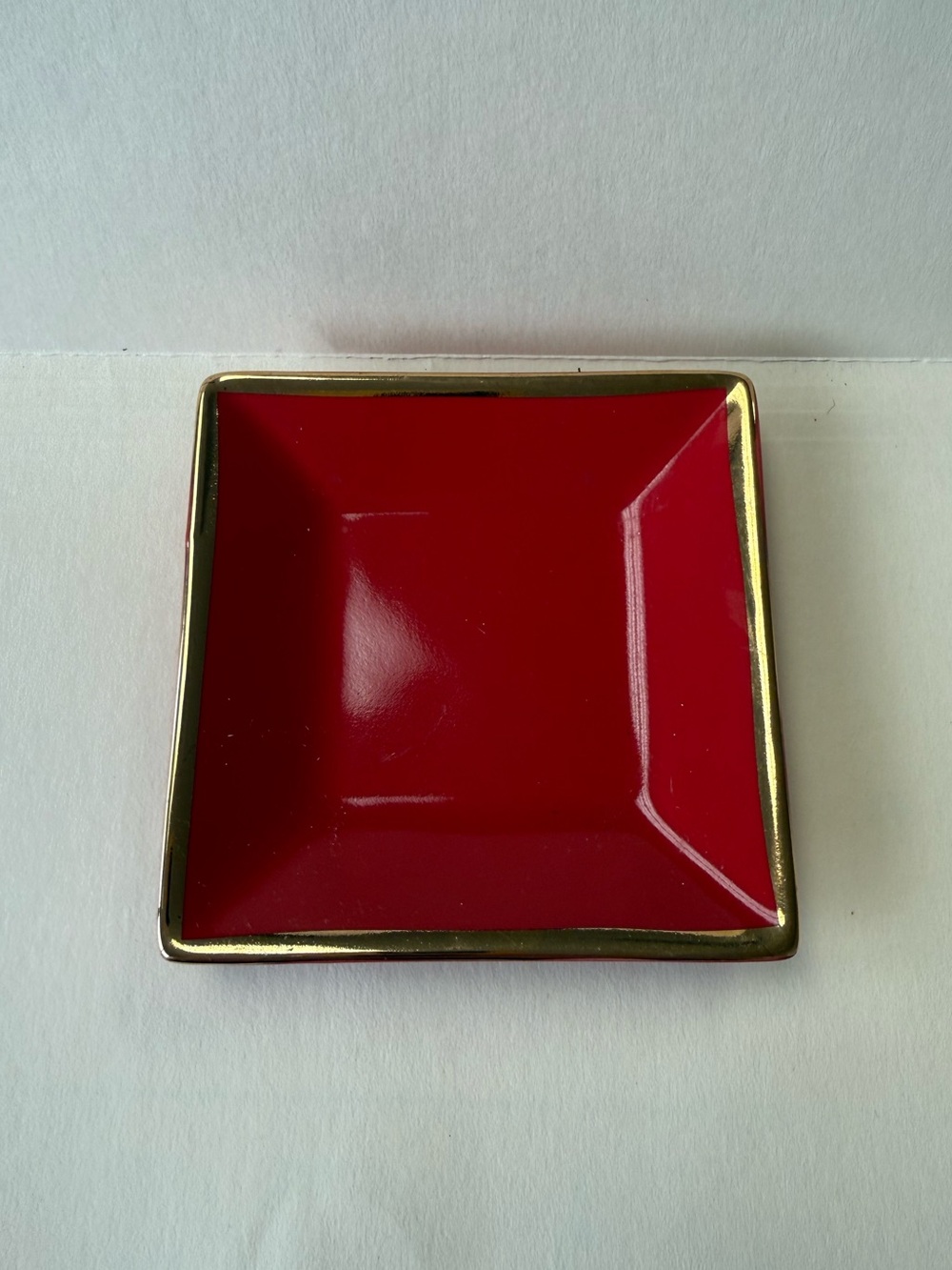 J. Crew Square Red Ceramic Jewelry Trinket Tray with Gold Trim